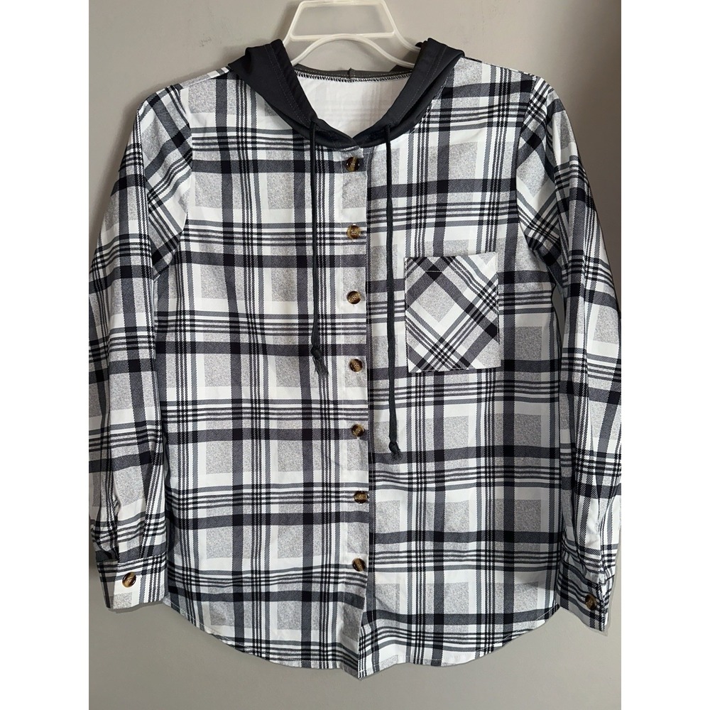 Men's Size Large Shien Dryfit Button Up Long Sleeve Black/White Hooded Shirt